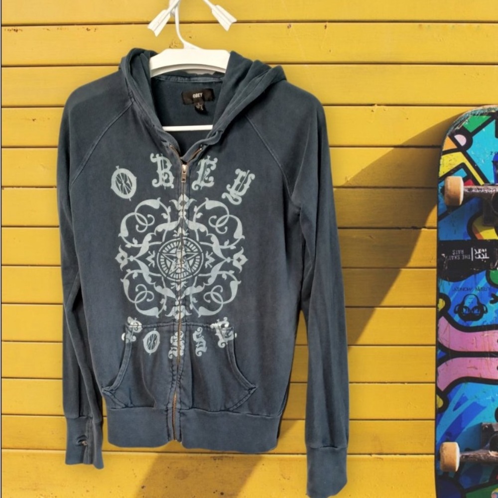 OBEY grey blue hoodie jacket unisex guys girls large